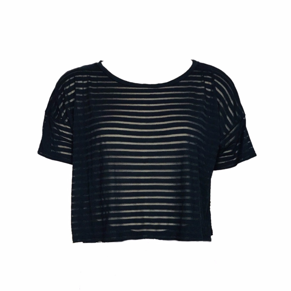 Black Sheer Stripe Cropped T Shirt